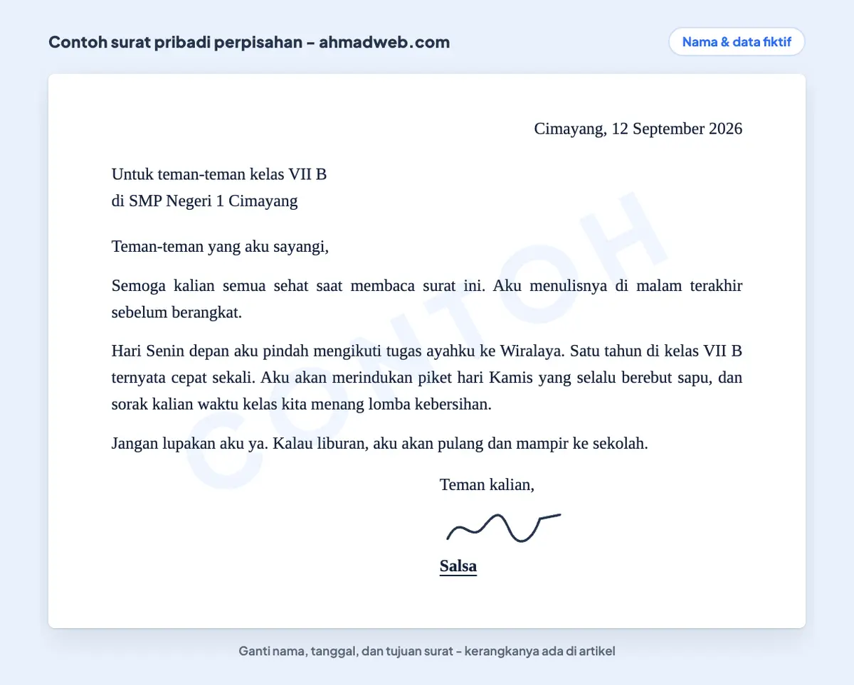 Contoh surat pribadi untuk teman sekelas berisi perpisahan karena pindah sekolah mengikuti tugas orang tua