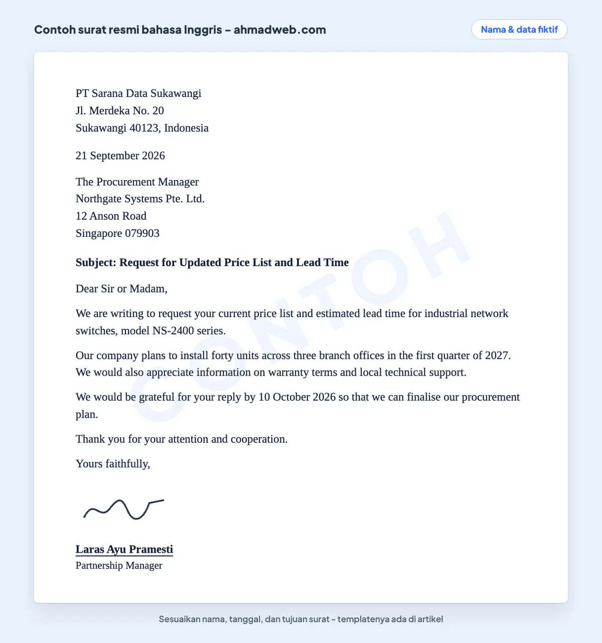 Contoh surat resmi dalam bahasa Inggris, yaitu contoh surat formal dalam bahasa Inggris bentuk full block dengan subject line dan penutup Yours faithfully