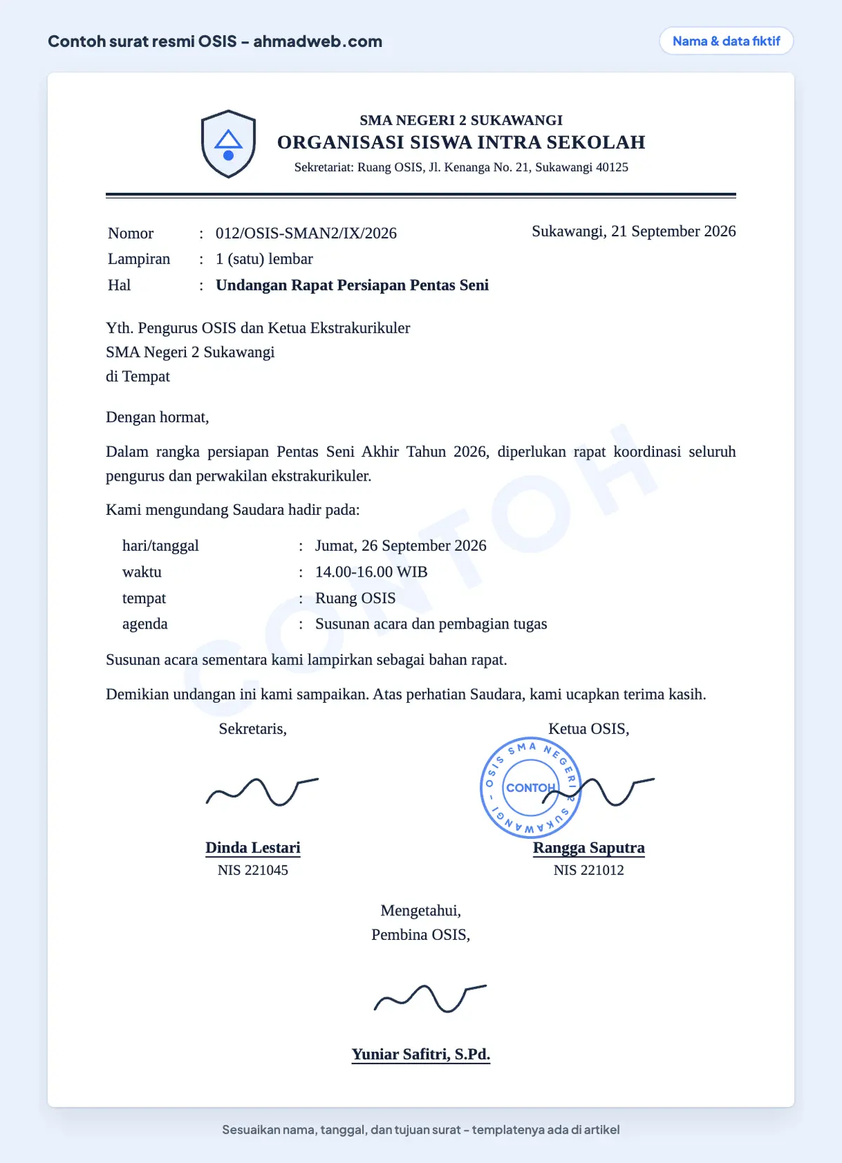 Contoh surat resmi OSIS berupa undangan rapat pengurus dengan tanda tangan ketua dan sekretaris serta pengesahan pembina OSIS