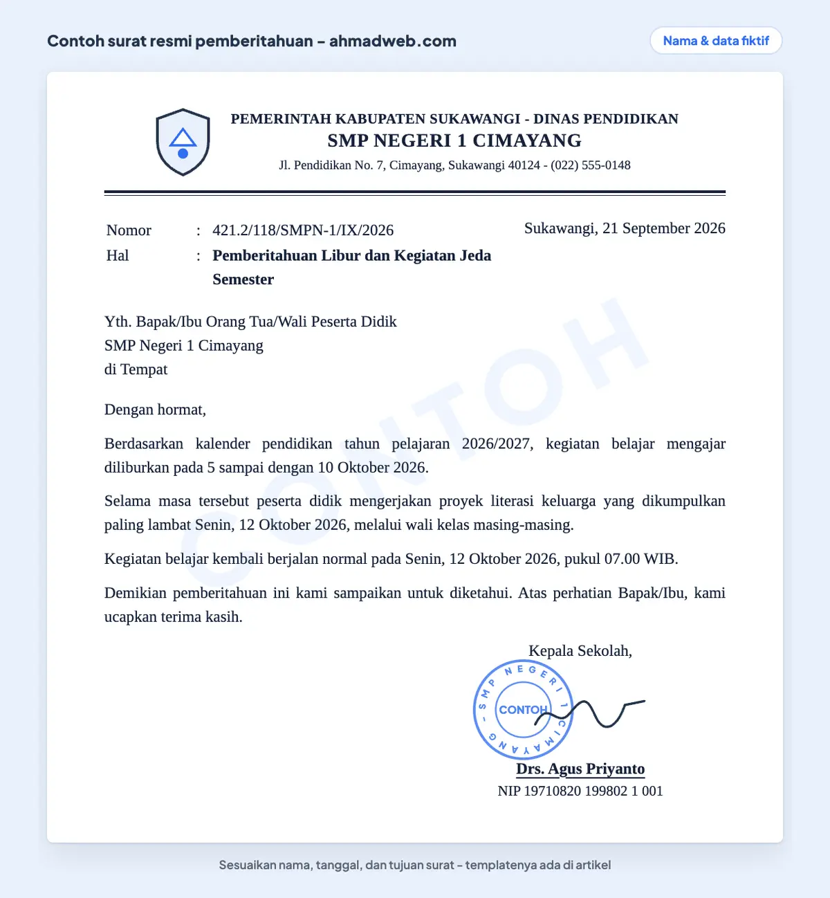 Contoh surat pemberitahuan resmi dari sekolah tentang libur jeda semester, lengkap dengan nomor surat berkode klasifikasi pendidikan dan tanda tangan kepala sekolah