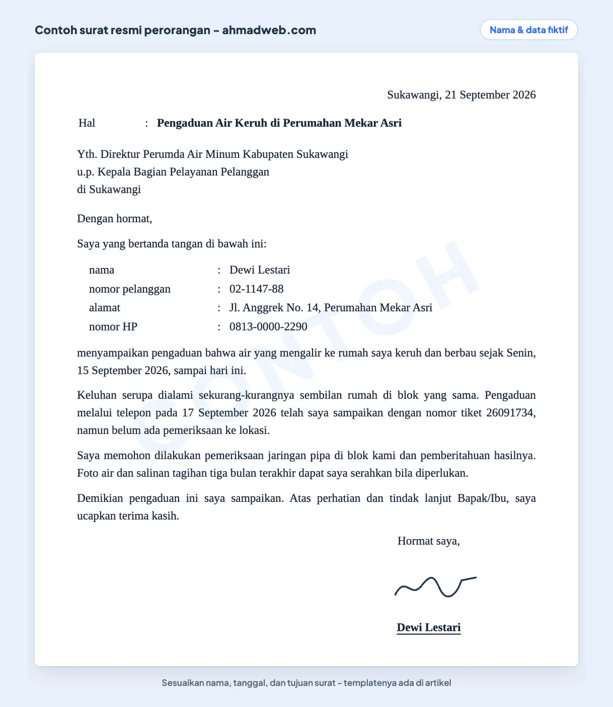 Contoh surat pengaduan resmi dari perorangan ke instansi tanpa kop surat, memakai blok identitas pelanggan dan nomor tiket pengaduan