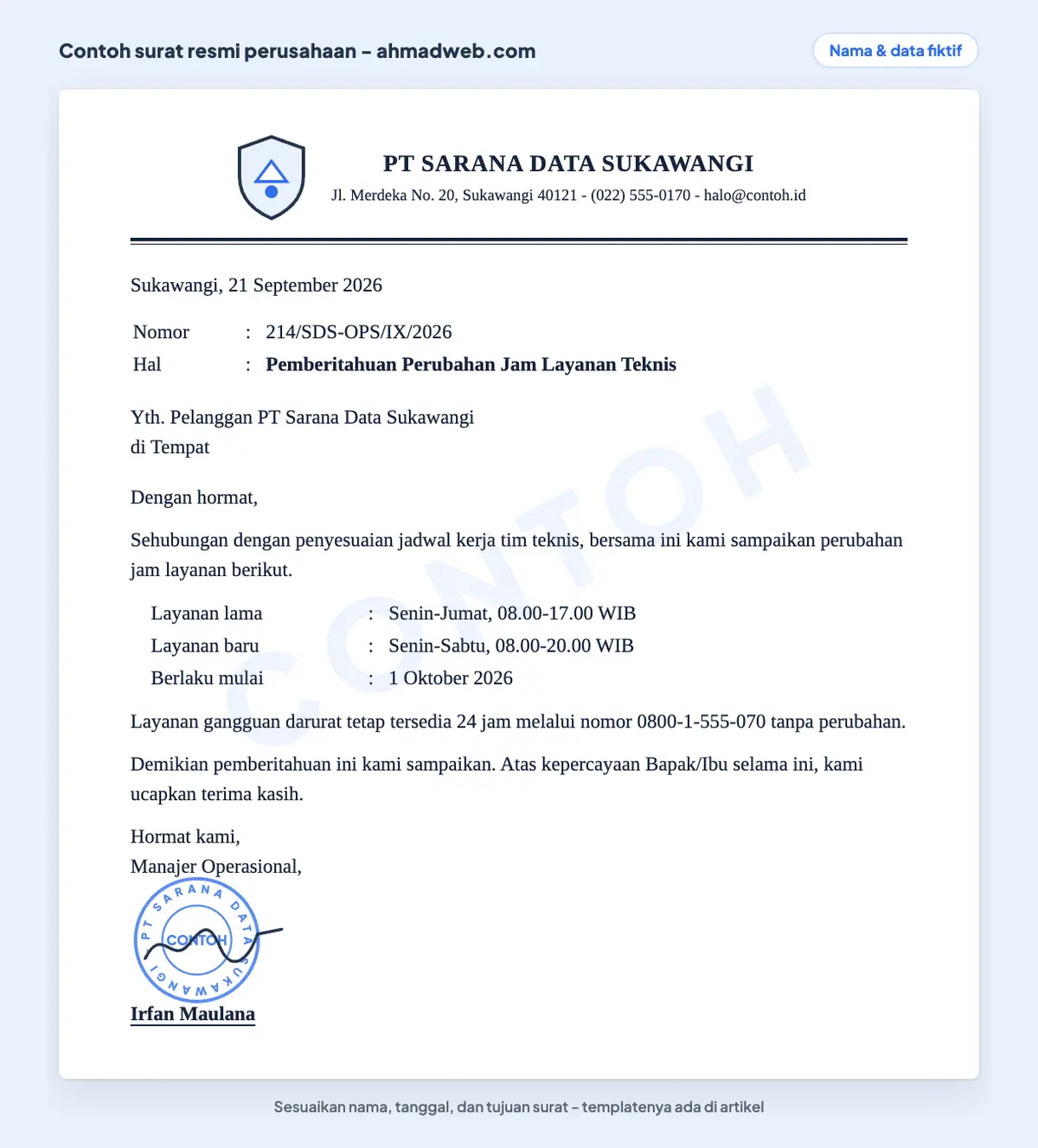 Contoh surat resmi perusahaan atau contoh surat PT: pemberitahuan perubahan jam layanan teknis kepada pelanggan, ditulis dengan bentuk full block style