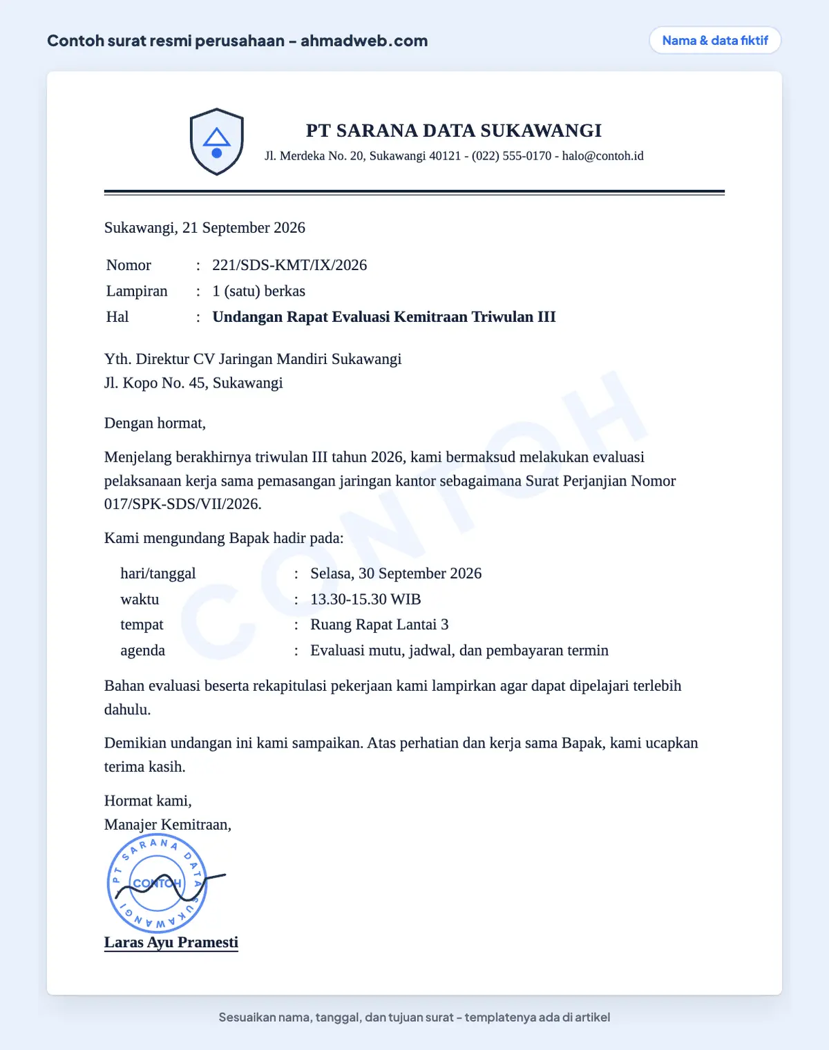 Contoh surat perusahaan resmi berupa undangan rapat evaluasi kemitraan yang merujuk nomor surat perjanjian kerja sama sebelumnya