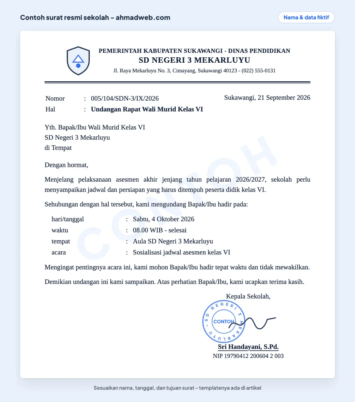 Contoh surat resmi sekolah sekaligus contoh surat dinas sekolah: undangan rapat wali murid kelas VI yang sudah diisi lengkap dengan kop, nomor surat, dan tanda tangan kepala sekolah