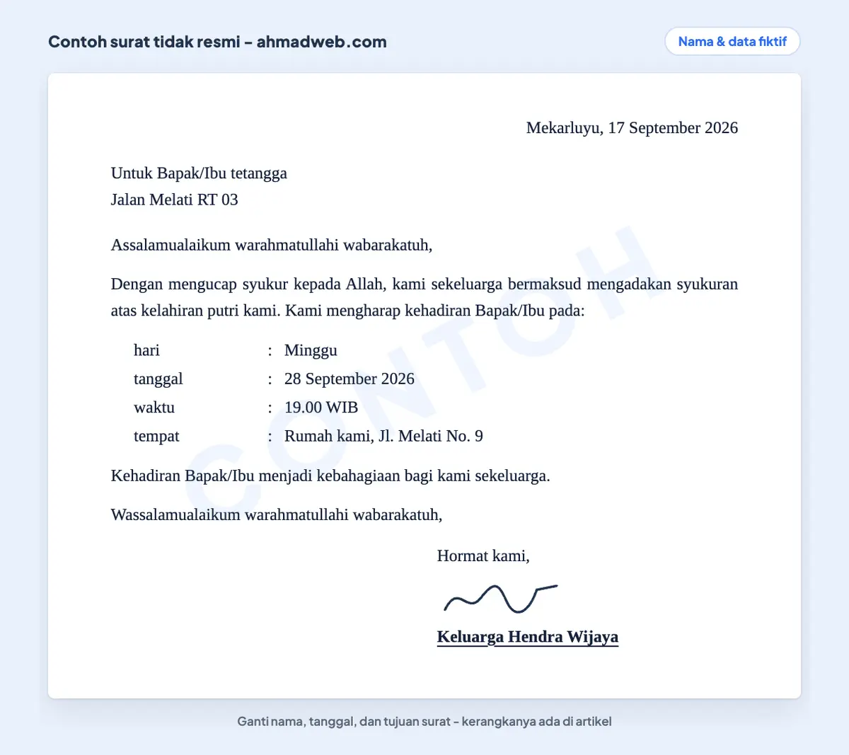 Contoh surat tidak resmi, disebut juga contoh surat informal, berupa undangan syukuran keluarga tanpa kop dan tanpa nomor surat