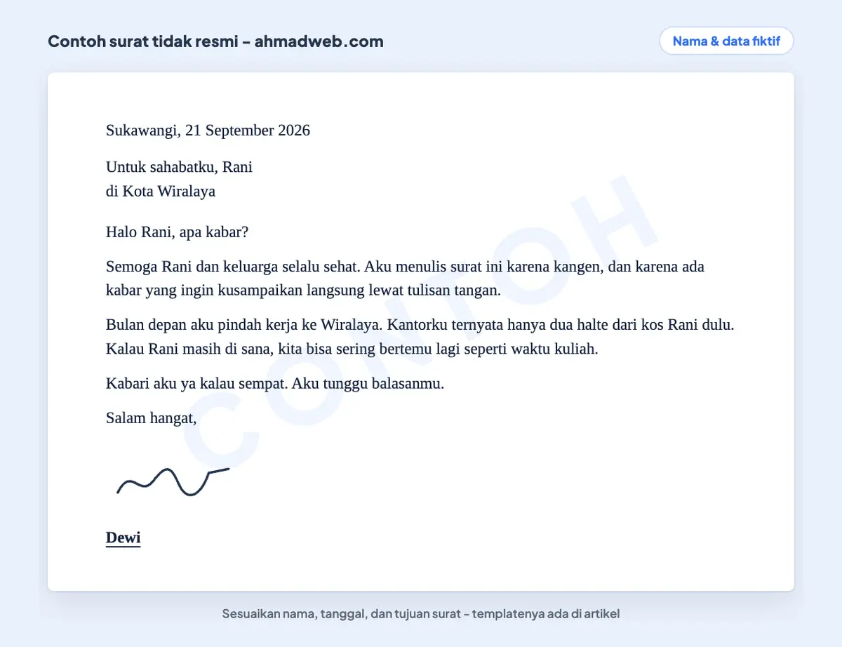 Contoh surat tidak resmi untuk teman sebagai pembanding: perbedaan surat resmi dan tidak resmi terlihat dari kop surat, nomor, dan bagian baku yang tidak ada di sini