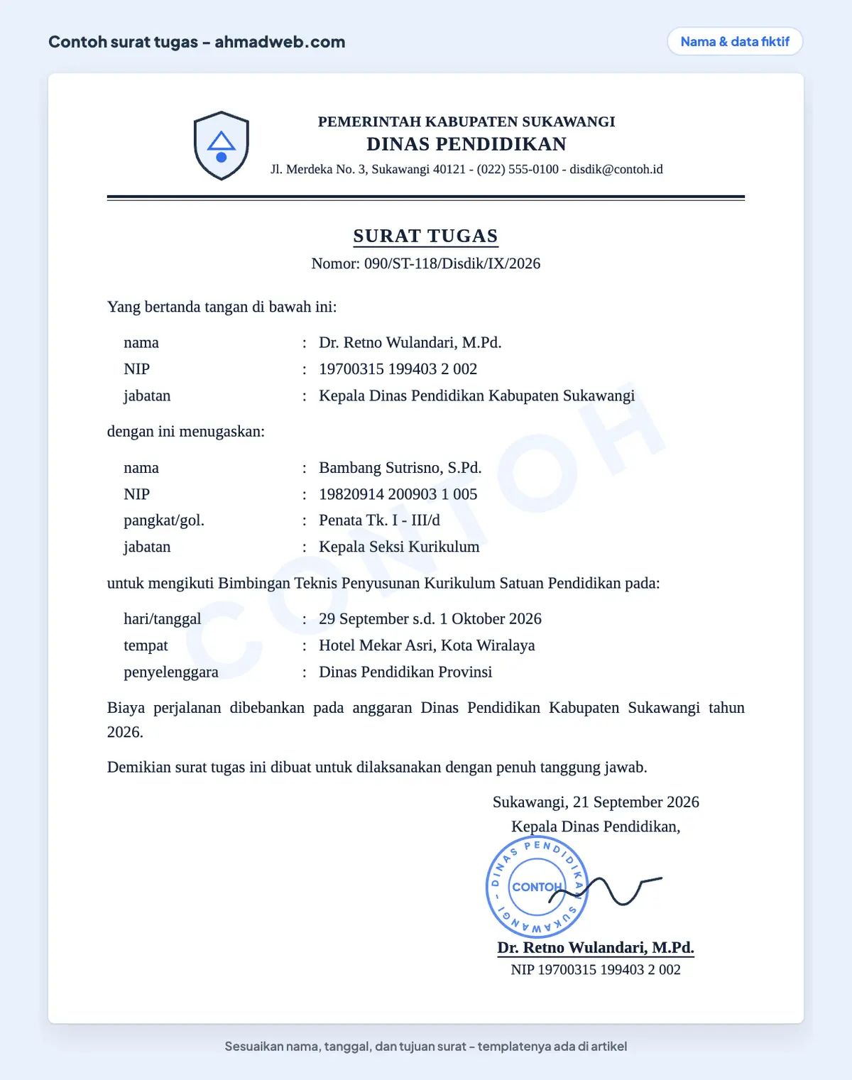 Contoh surat tugas dinas yang sudah diisi lengkap dengan identitas pemberi tugas, pegawai yang ditugaskan, rincian kegiatan, dan sumber pembiayaan