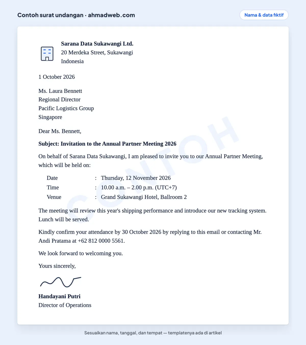 Contoh surat undangan dalam bahasa Inggris atau formal invitation letter yang sudah diisi dalam bentuk full block, dengan subject line, tanggal dan waktu, batas konfirmasi, dan penutup Yours sincerely