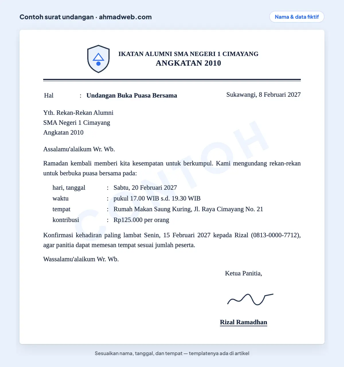 Contoh surat undangan buka bersama alumni yang sudah diisi, dengan salam pembuka, kontribusi per orang, dan batas konfirmasi kehadiran untuk memesan tempat