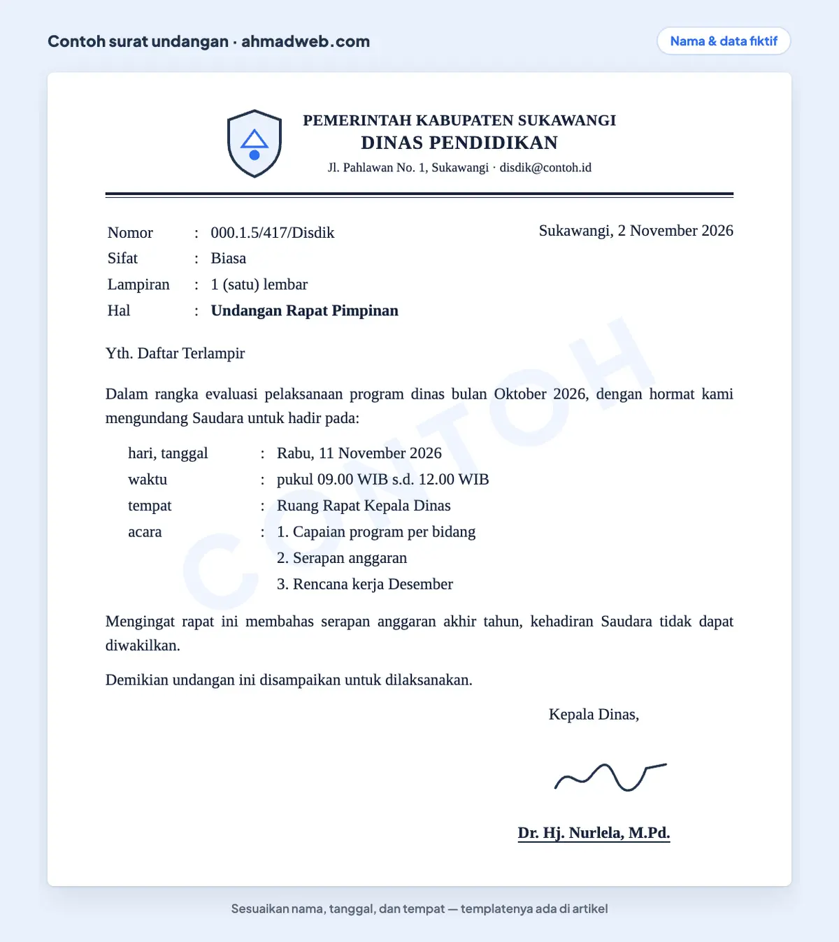 Contoh surat dinas undangan rapat pimpinan, atau contoh undangan formal instansi pemerintah, yang sudah diisi menurut ANRI 5/2021 dengan kode 000.1.5, sifat biasa, dan Yth. Daftar Terlampir