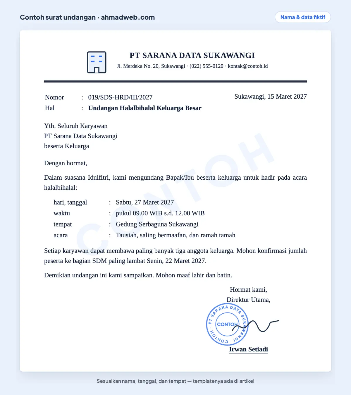 Contoh surat undangan perusahaan untuk halalbihalal karyawan dan keluarga yang sudah diisi, dengan batas jumlah anggota keluarga dan tenggat konfirmasi