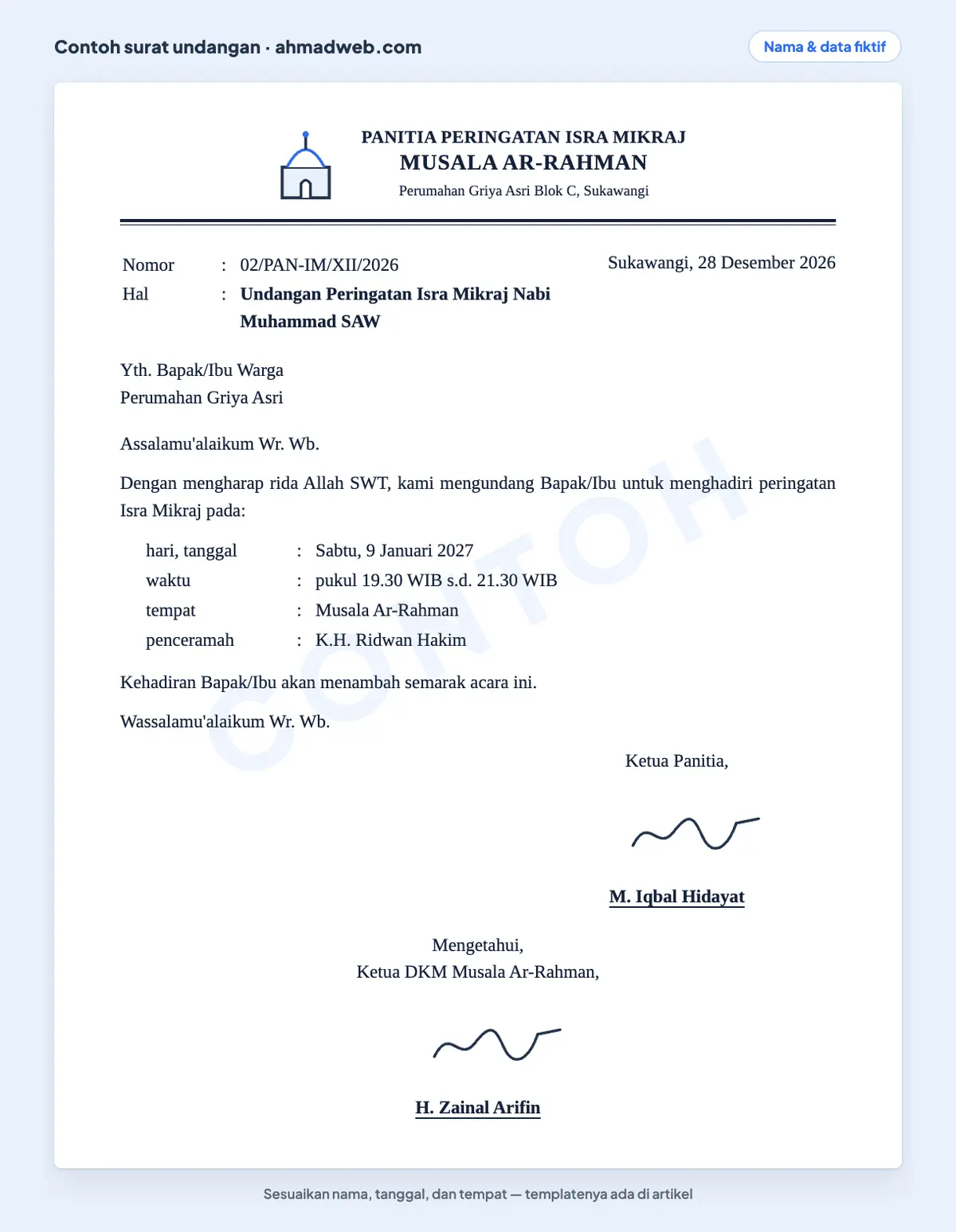 Contoh surat undangan Isra Mikraj atau Isra Miraj yang sudah diisi dari panitia musala untuk warga perumahan, dengan penceramah dan pengesahan ketua DKM