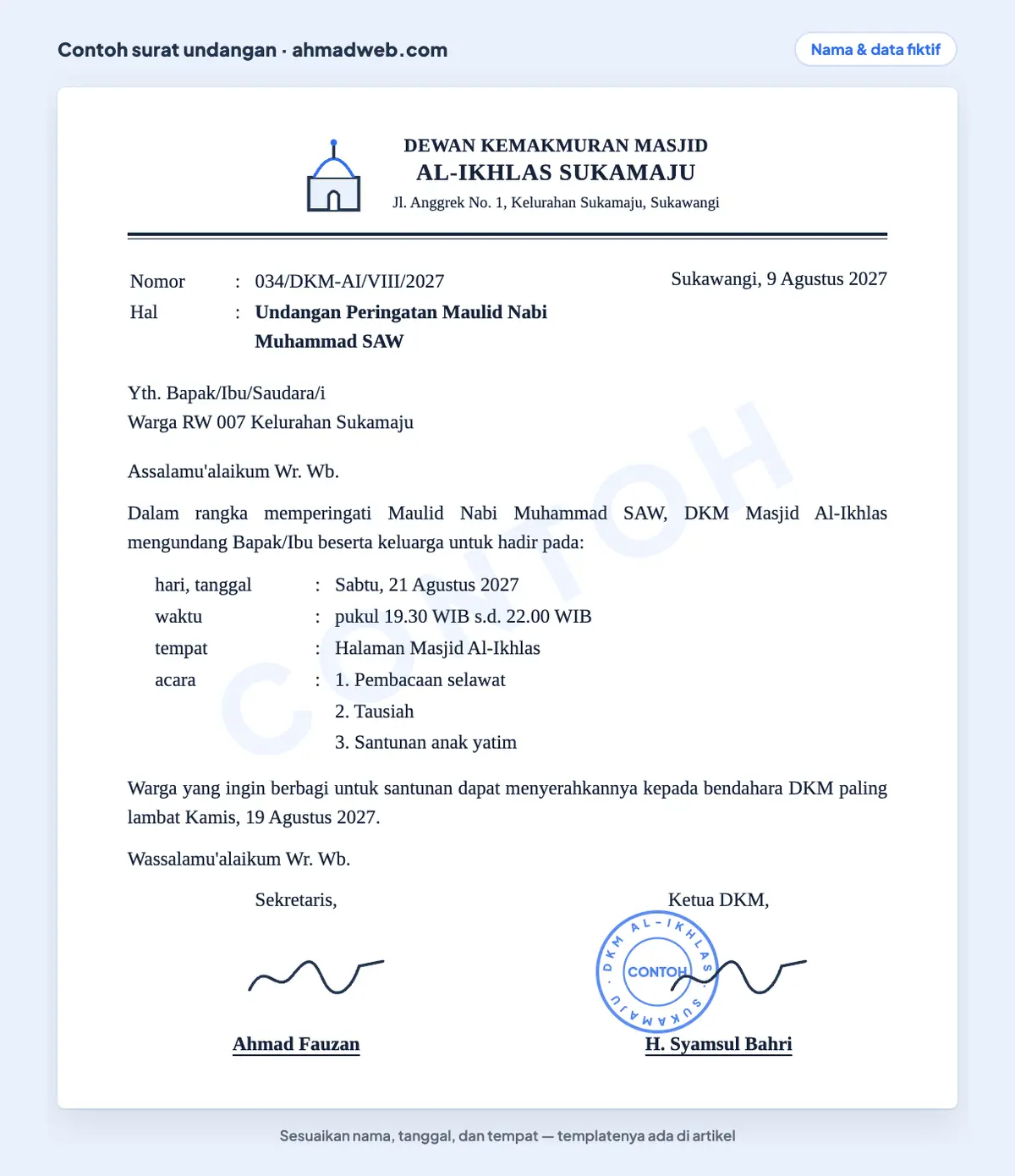 Contoh surat undangan Maulid Nabi Muhammad SAW yang sudah diisi dari DKM masjid untuk warga, dengan susunan acara selawat, tausiah, dan santunan anak yatim