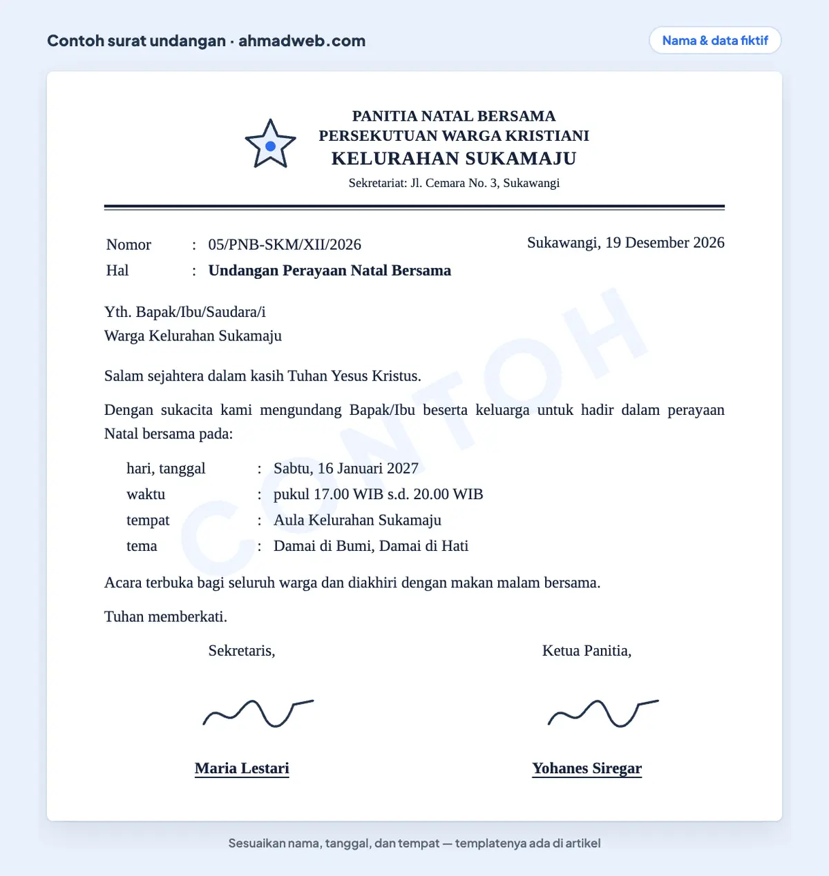 Contoh surat undangan Natal bersama yang sudah diisi dari panitia persekutuan warga untuk seluruh warga kelurahan, dengan salam pembuka Kristiani, tema, dan waktu acara