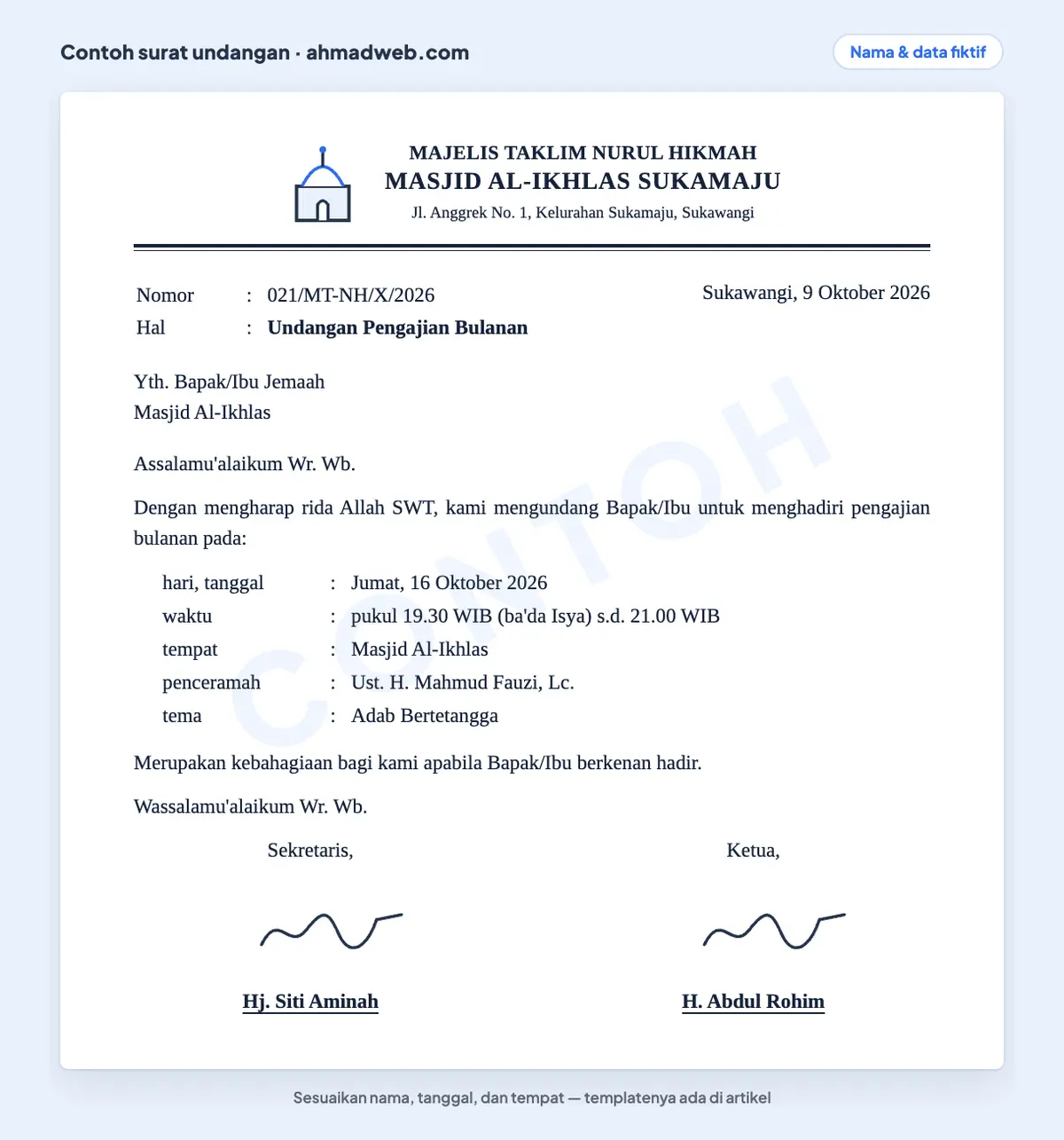 Contoh surat undangan pengajian bulanan yang sudah diisi dari majelis taklim, dengan salam pembuka dan penutup, nama penceramah, tema, serta jam ba'da Isya yang ditulis lengkap