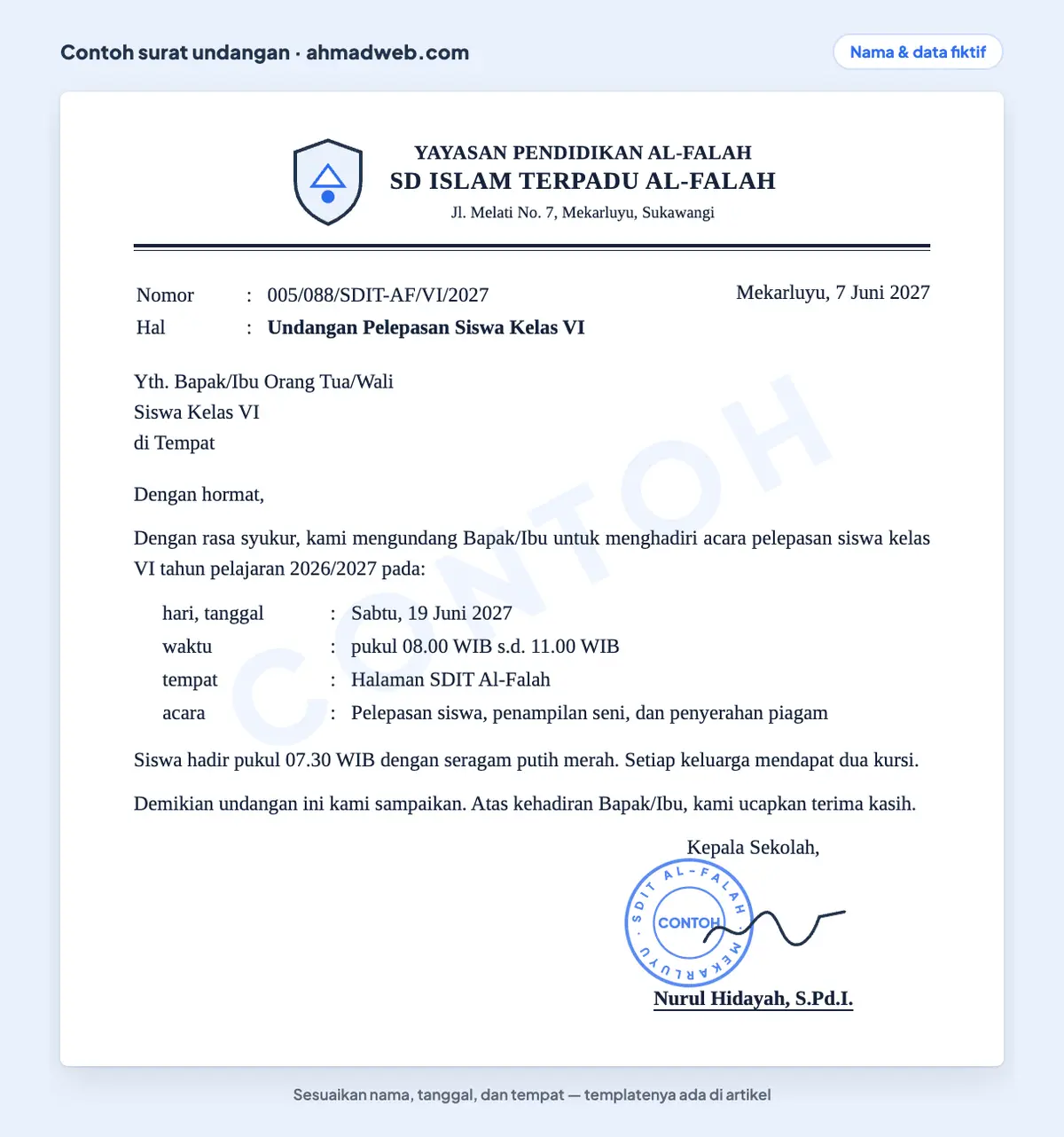 Contoh surat undangan sekolah untuk perpisahan kelas 6 atau pelepasan siswa SD yang sudah diisi, dengan jam kedatangan siswa, seragam, dan jatah dua kursi tiap keluarga