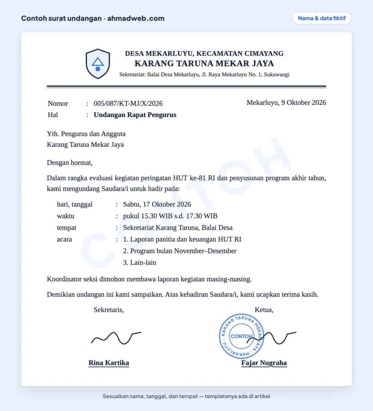 Contoh surat undangan karang taruna untuk rapat pengurus yang sudah diisi, sekaligus contoh surat rapat organisasi kepemudaan: evaluasi HUT RI dan program akhir tahun