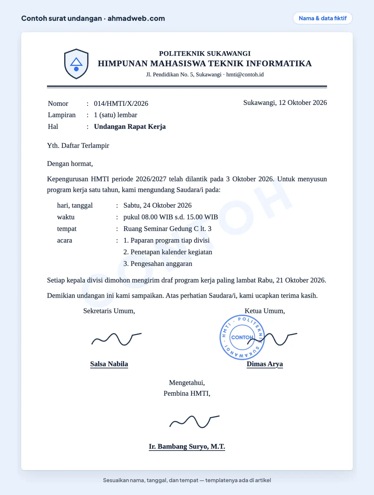 Contoh surat undangan organisasi mahasiswa untuk rapat kerja, atau undangan musyawarah pengurus, yang sudah diisi dengan alamat Yth. Daftar Terlampir, agenda bernomor, dan pengesahan pembina