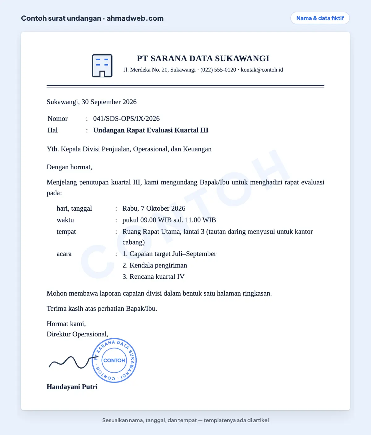 Contoh surat undangan rapat resmi perusahaan dalam bentuk full block style yang sudah diisi: undangan meeting evaluasi kuartal III dengan agenda bernomor