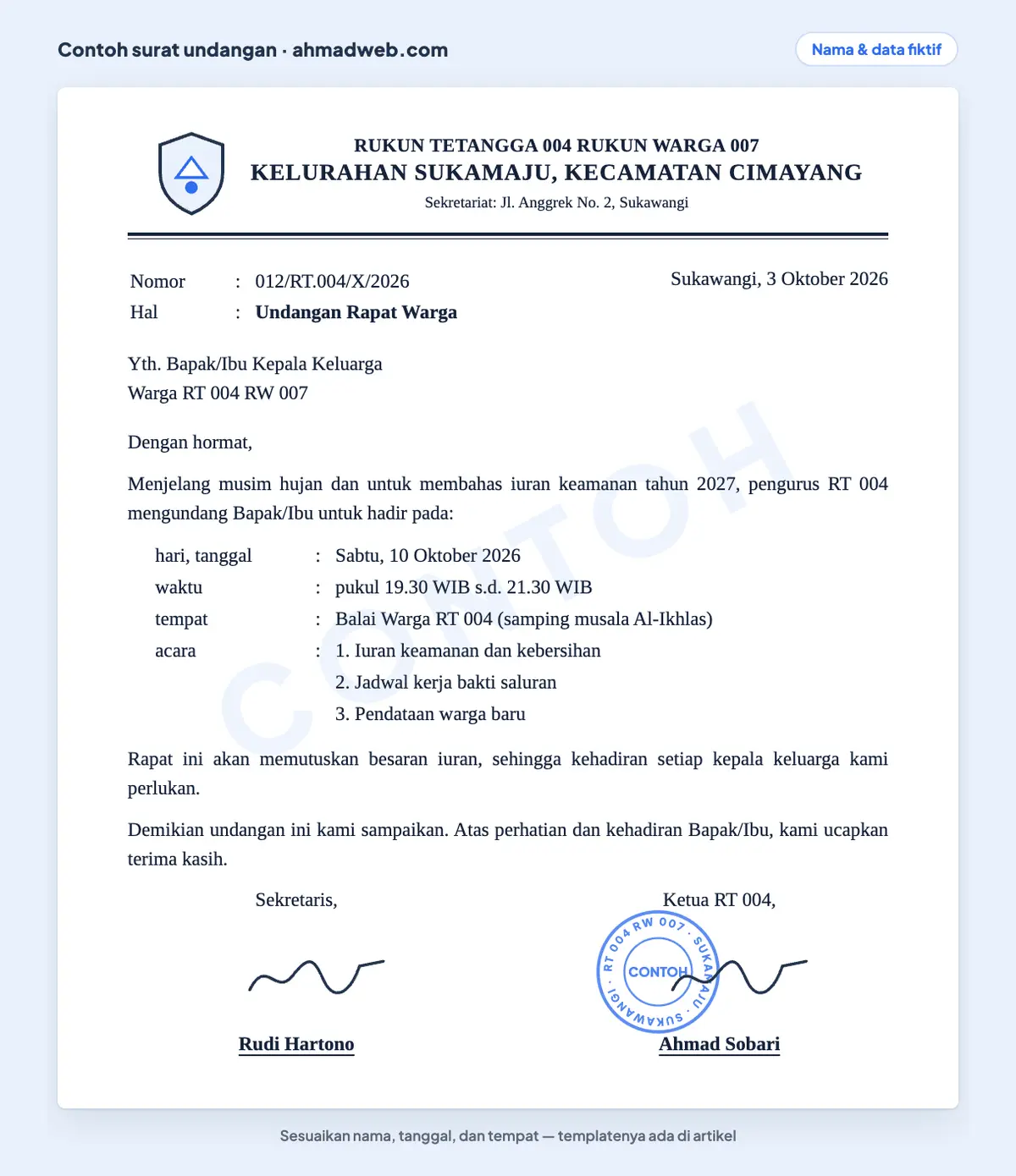 Contoh undangan rapat RT sederhana yang sudah diisi, sekaligus contoh surat undangan RT dalam bentuk surat resmi undangan rapat warga: iuran keamanan, kerja bakti saluran, dan pendataan warga baru
