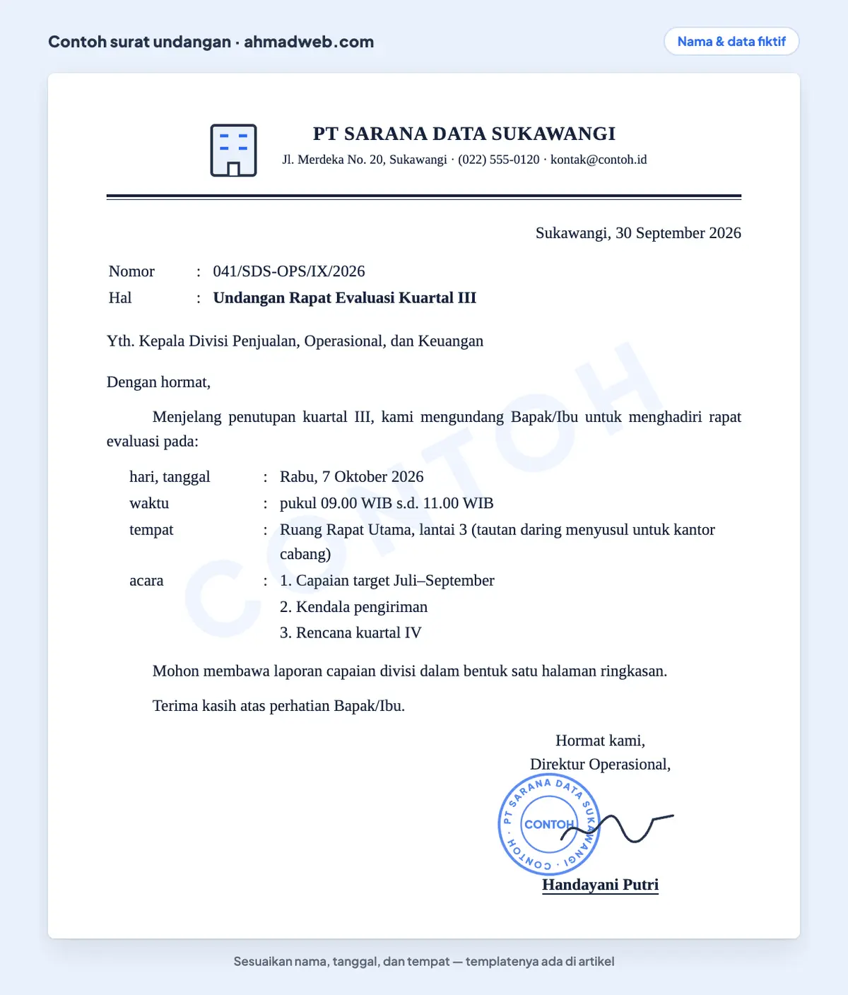 Contoh surat undangan semi block style untuk rapat perusahaan yang sudah diisi: tanggal di kanan atas nomor, baris pertama paragraf menjorok, dan tanda tangan di kanan