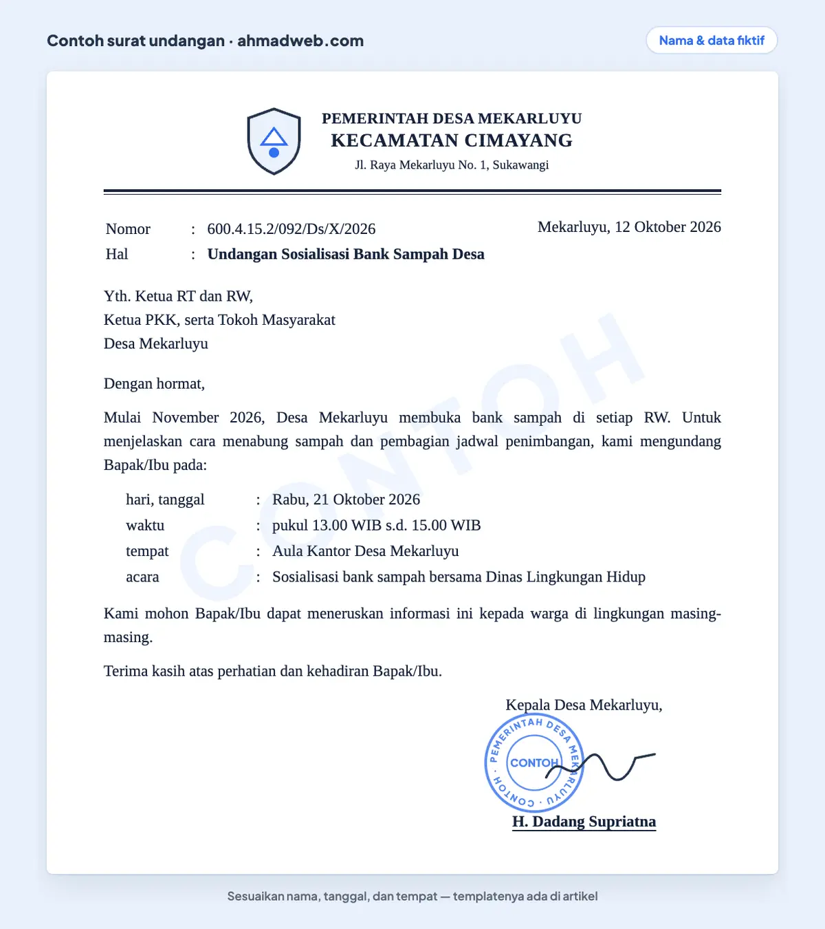 Contoh surat undangan kegiatan sosialisasi bank sampah, sekaligus contoh surat undangan desa, yang sudah diisi untuk ketua RT, RW, PKK, dan tokoh masyarakat dengan kode 600.4.15.2