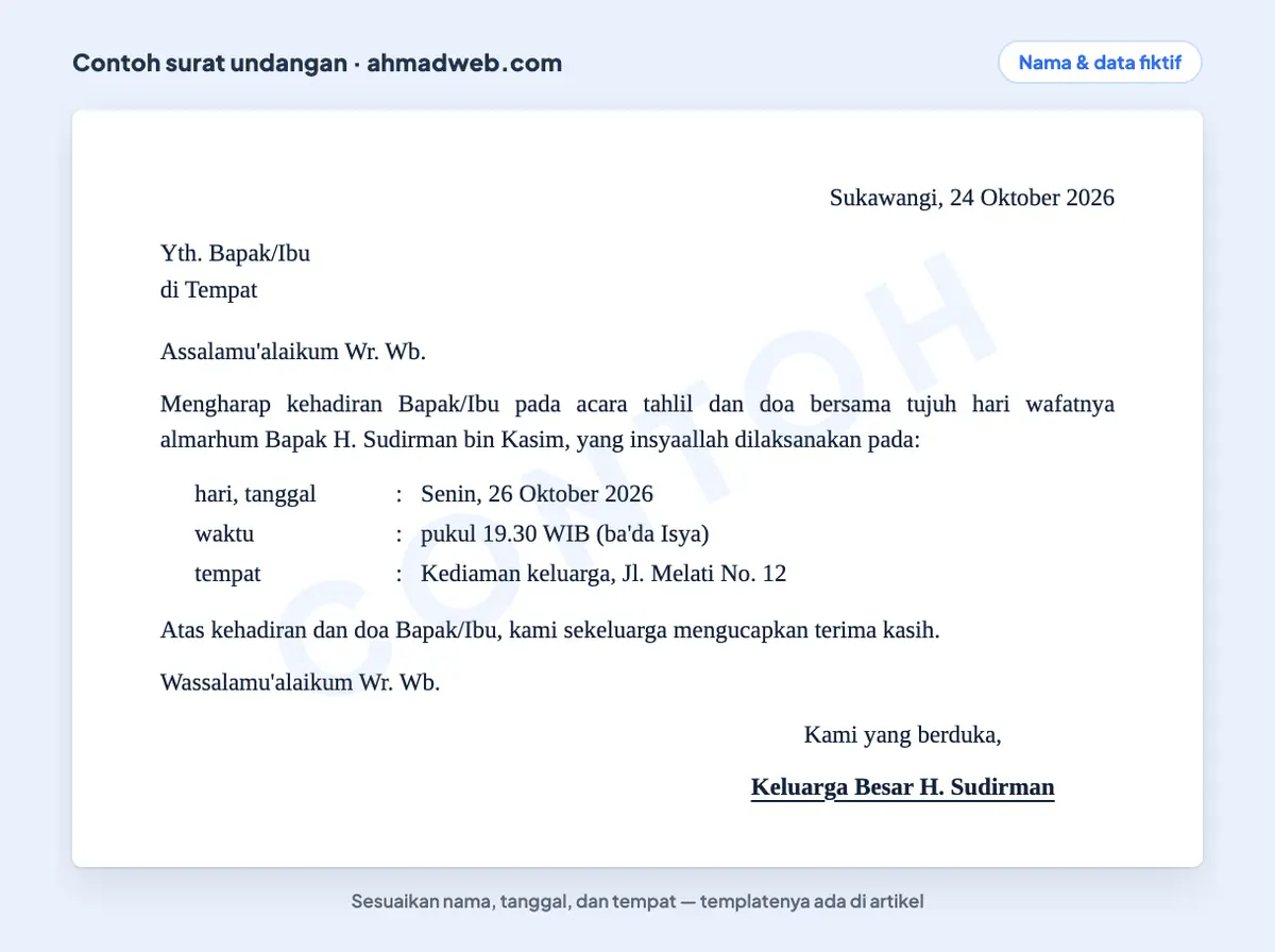 Contoh surat undangan tahlilan atau surat undangan tahlil tujuh hari yang sudah diisi dari keluarga yang berduka, tanpa kop dan nomor, dengan waktu ba'da Isya yang ditulis lengkap