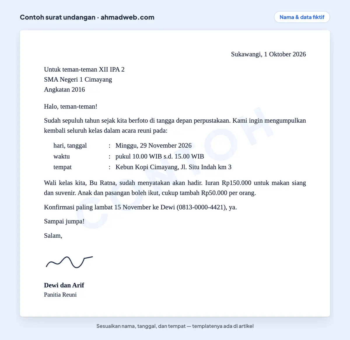 Contoh surat undangan biasa atau tidak resmi untuk reuni kelas yang sudah diisi, dengan bahasa akrab, rincian iuran, aturan membawa keluarga, dan batas konfirmasi