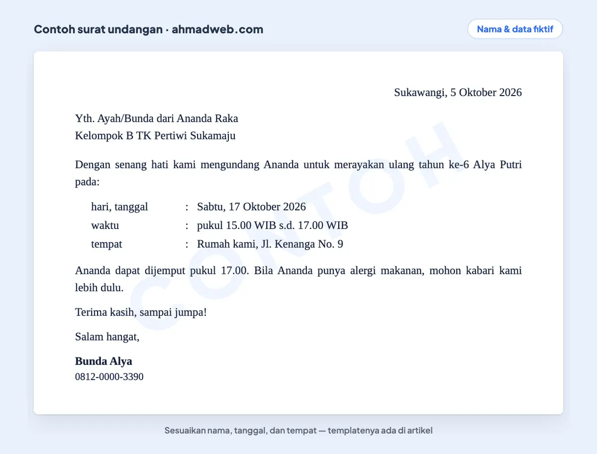 Contoh surat undangan ulang tahun anak yang sudah diisi untuk orang tua teman TK, lengkap dengan jam jemput dan permintaan kabar alergi makanan