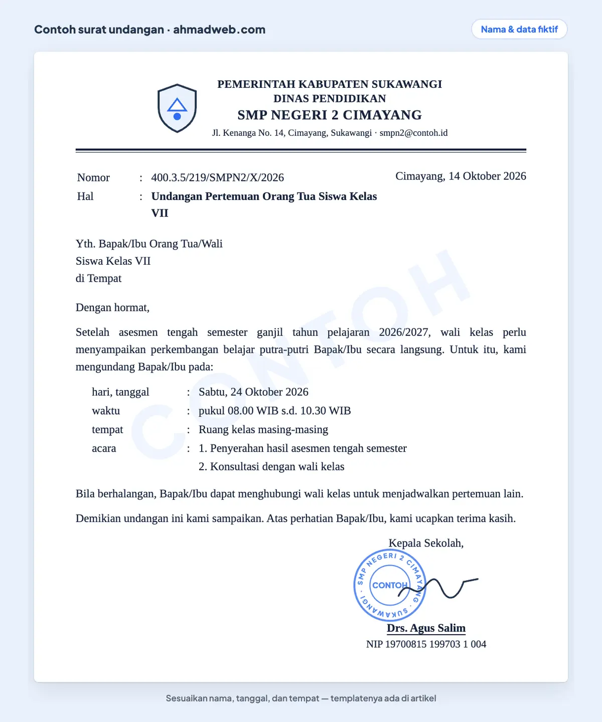 Contoh surat undangan rapat sekolah untuk orang tua dan wali murid kelas VII yang sudah diisi, berupa contoh undangan pertemuan untuk penyerahan hasil asesmen dan konsultasi dengan wali kelas