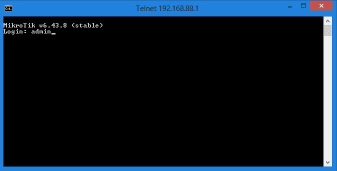 Prompt login Mikrotik melalui Telnet di CMD