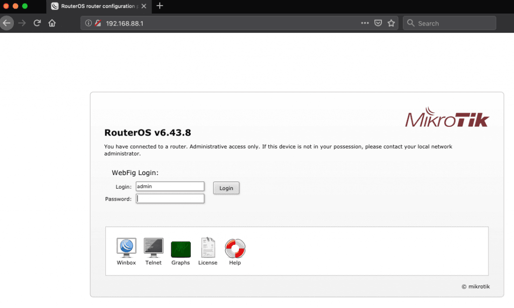 Halaman login Mikrotik melalui web browser