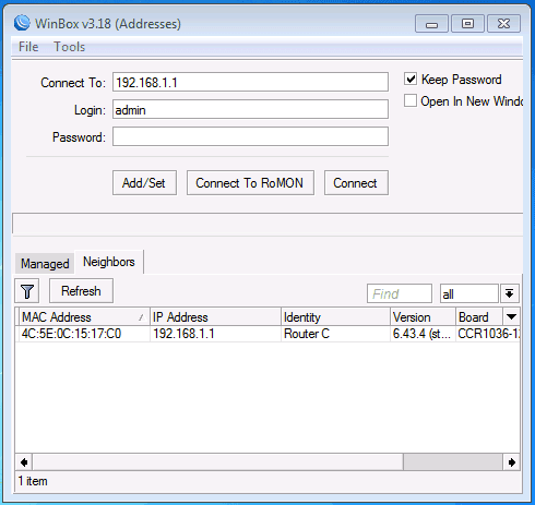 Daftar router Mikrotik yang terhubung pada menu Neighbors Winbox