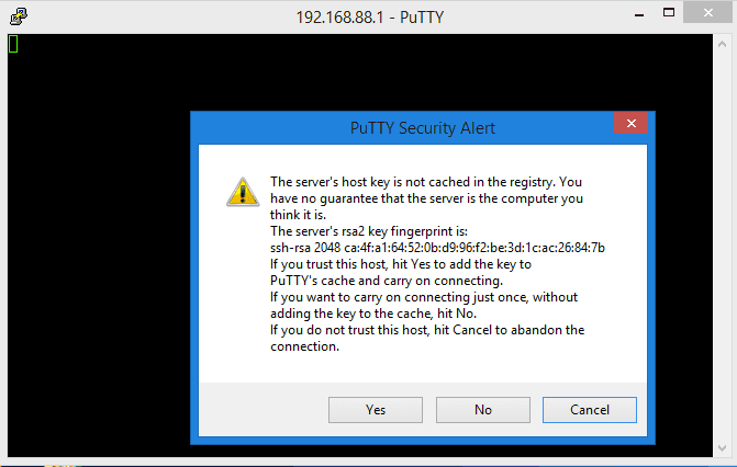 Jendela Putty Security Alert saat pertama kali konek ke Mikrotik