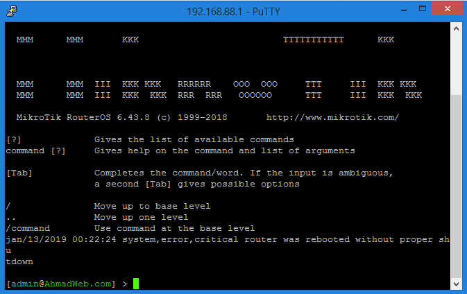 Tampilan terminal Mikrotik melalui Putty