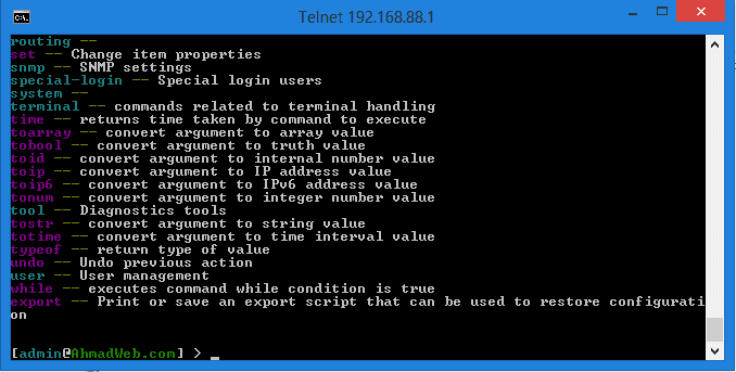 Tampilan terminal Mikrotik melalui Telnet di Command Prompt