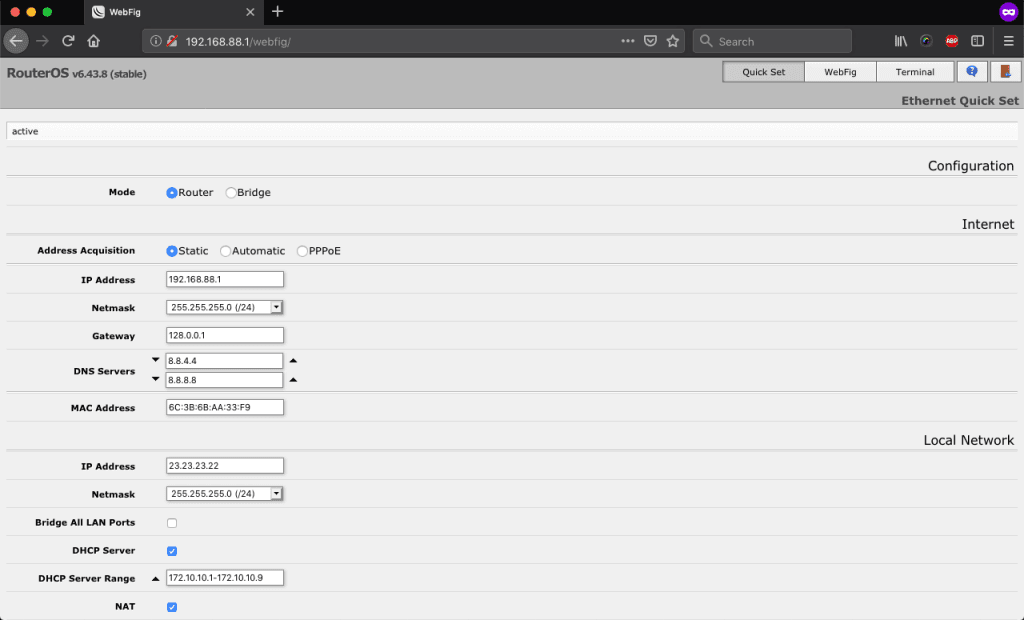 Tampilan WebFig Mikrotik melalui web browser