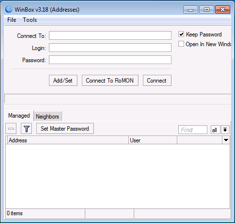 Tampilan login aplikasi Winbox untuk mengakses RouterOS Mikrotik