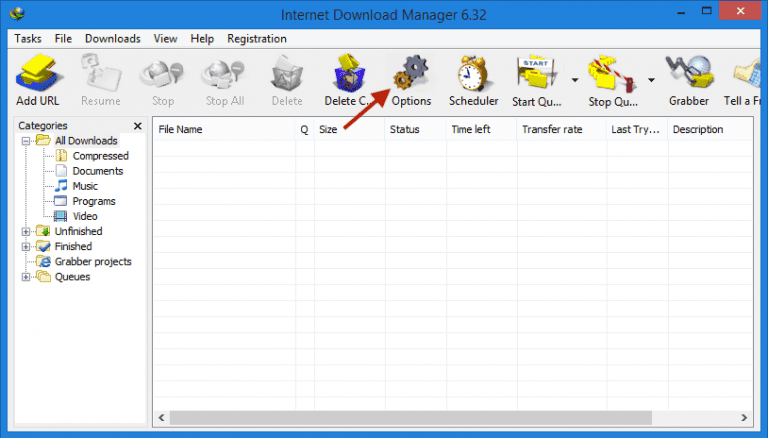 Membuka menu Options di aplikasi Internet Download Manager (IDM)