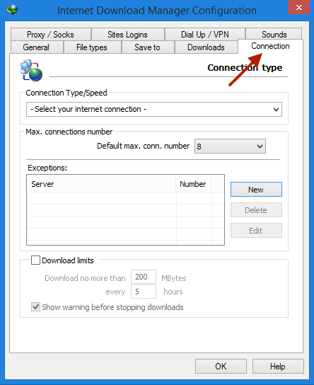 Memilih tab Connection pada jendela Options IDM