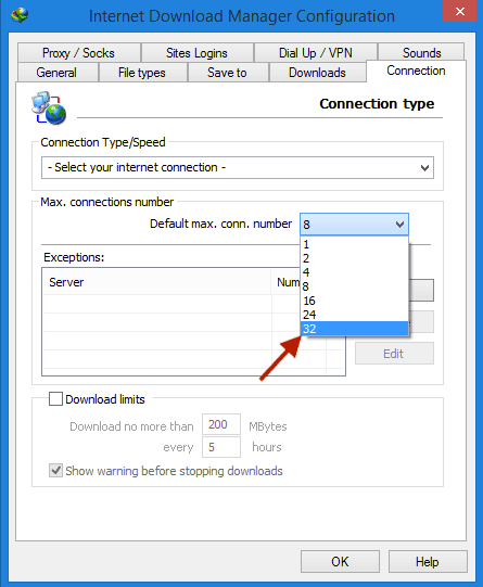 Menaikkan Default max conn number dari 8 menjadi 32 di IDM