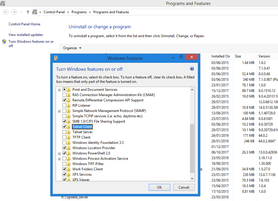 Mengaktifkan Telnet Client di Windows Features