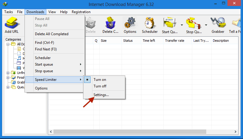 Membuka Settings pada fitur Speed Limiter IDM