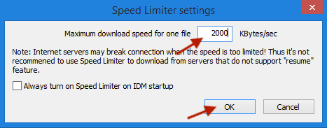 Mengisi Maximum download speed for one file pada Speed Limiter IDM
