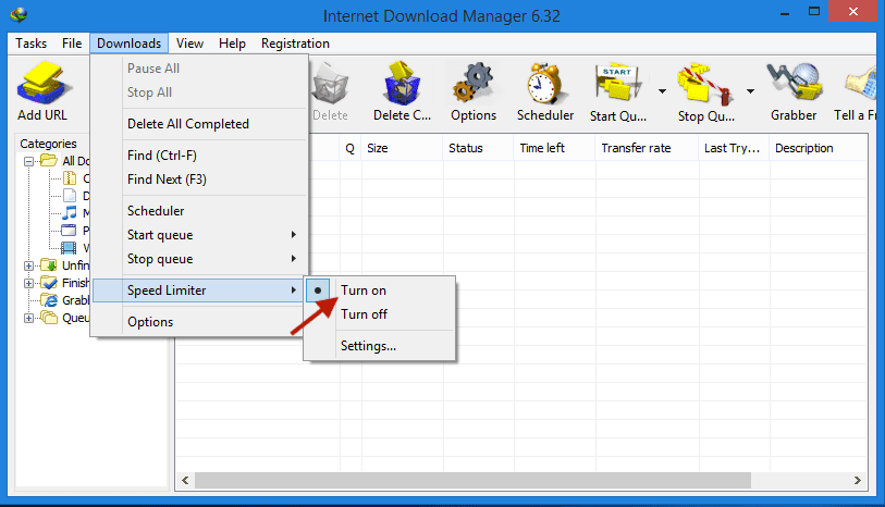 Membuka fitur Speed Limiter di tab Downloads pada IDM