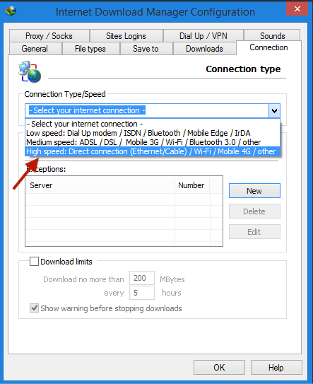 Mengubah Connection Type/Speed menjadi High Speed di pengaturan IDM