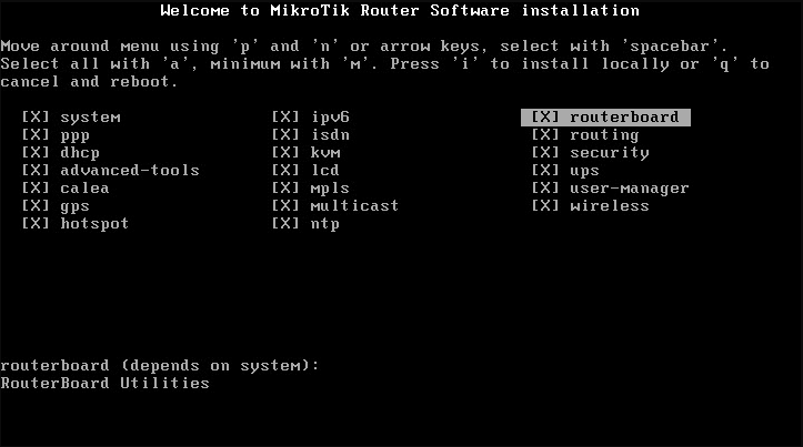 Layar instalasi RouterOS Mikrotik untuk memilih paket yang akan dipasang