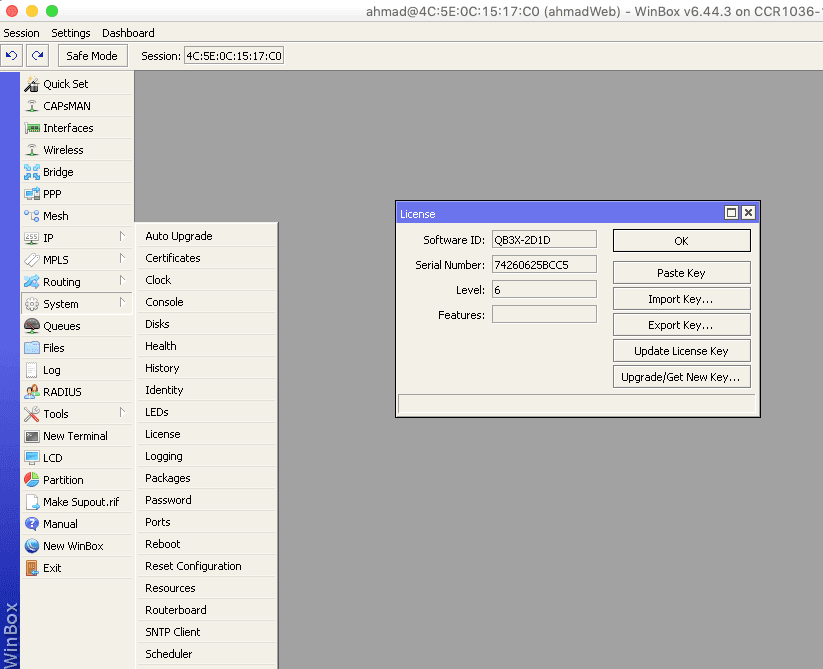 Menu System License di Winbox untuk import key lisensi RouterOS Mikrotik