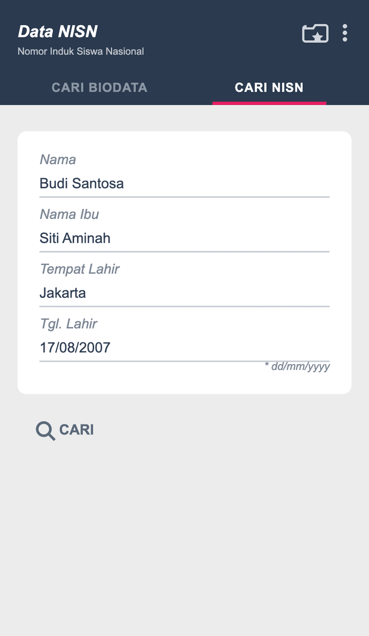 Cari NISN berdasarkan nama siswa di aplikasi Data NISN