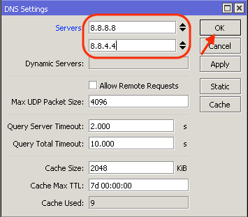 Mengisi DNS server 8.8.8.8 dan 8.8.4.4 di menu IP DNS Mikrotik